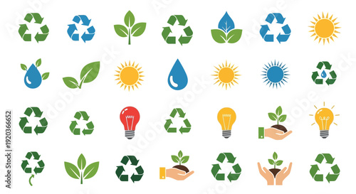 Collection of colorful environmental icons representing sustainability and renewable energy