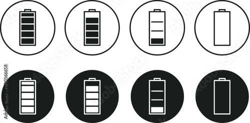 Battery charge level icons illustration, power status design, energy indicator concept, electronic device symbol art, technology representation, electricity measurement graphic