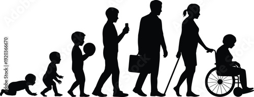 Human life cycle silhouette from crawling baby to elderly wheelchair user, illustrating stages of growth, aging process, generational change, and lifespan concept.