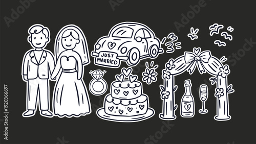 Wedding Doodle Sketch Icon Set Vintage Party Love Vector Invitation Bride Groom Ceremony Celebration Romantic Couple