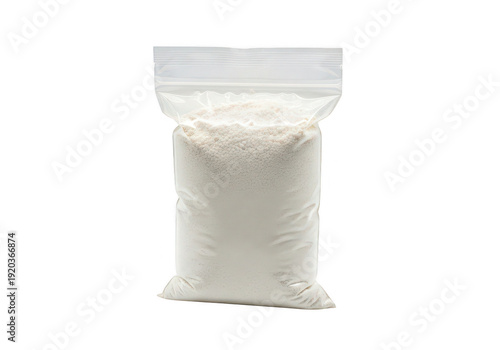 A sealed bag filled with fine, white powdery substance likely used for culinary or industrial purposes. isolated on transparent background