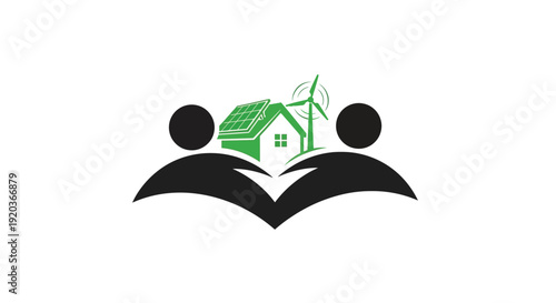 Sustainable living logo featuring a house with solar panels and wind turbines
