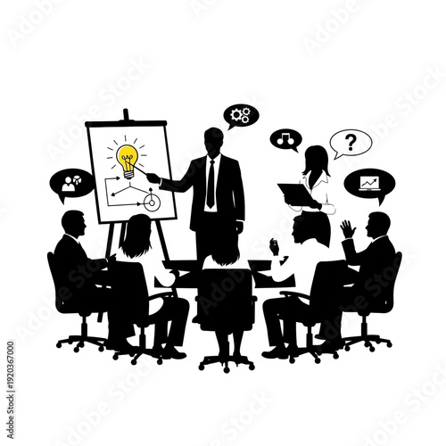 Business meeting with a presenter explaining a new idea on a whiteboard to a group of attentive colleagues.