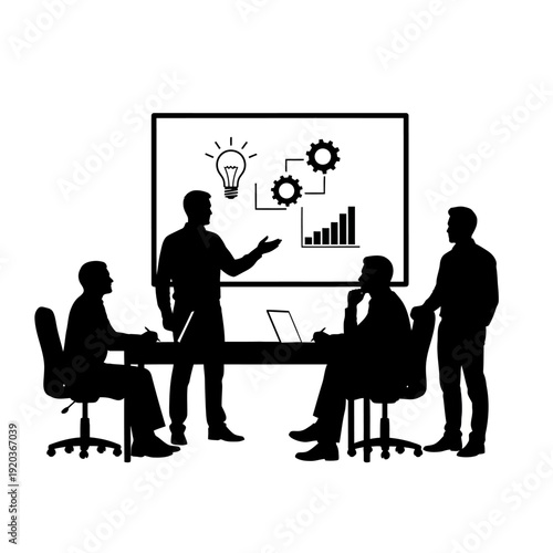 Business team collaborating and discussing ideas in a meeting room with a whiteboard presentation.