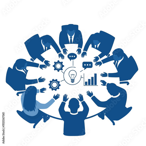 Business team collaborating around a round table, brainstorming ideas and discussing strategy with icons representing communication, growth, and innovation.