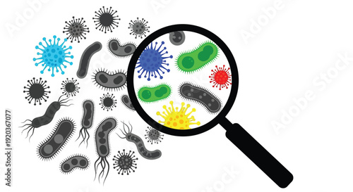 Microscopic view of various germs and bacteria examined with a magnifying glass