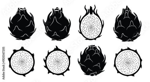Dragon fruit variations whole and cross section views in black and white