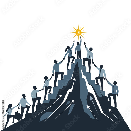Teamwork and collaboration to reach the summit and achieve success, symbolizing business goals and aspirations.