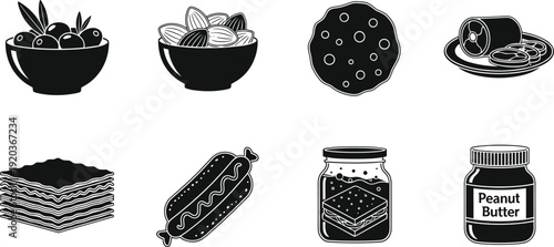 Food illustrations, olives, almonds, cookie, canned meat, lasagna sheets, hot dog, sandwich jar, peanut butter, nutrition, snack, meal, culinary art