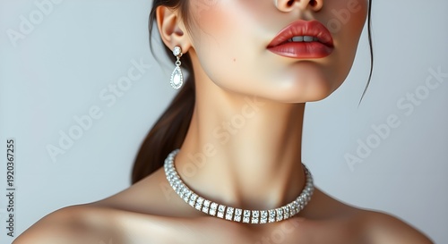 4K hyperrealistic portrait of an exotic woman with a light aura, wearing pink and beige haute couture, a diamond tennis bracelet around her neck; ethereal and spiritual vibe, flawless studio lighting.