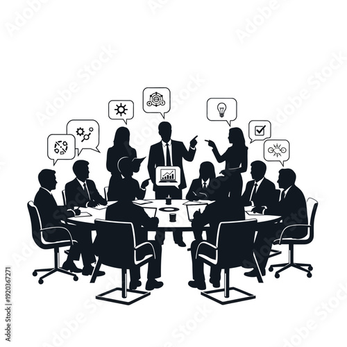 Business meeting with diverse team members discussing ideas and strategies around a conference table, visualized with icons.