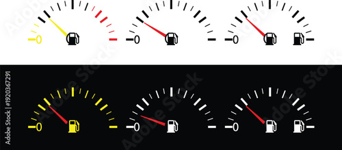 Fuel gauge icons illustration, vehicle dashboard design, low fuel indicator art, automotive warning graphic, car instrument representation, transport safety element