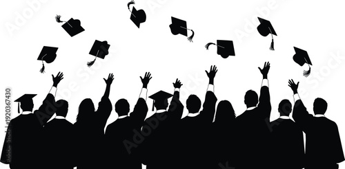 Graduation silhouettes illustration, academic ceremony celebration, students throwing caps art, education achievement concept, success milestone design, scholarly accomplishment graphic
