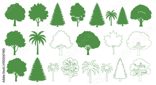 Collection of various green tree silhouettes and foliage designs