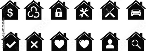 House icons, dollar sign, recycling, padlock, tools, car, check mark, X mark, heart, person, magnifying glass, home services
