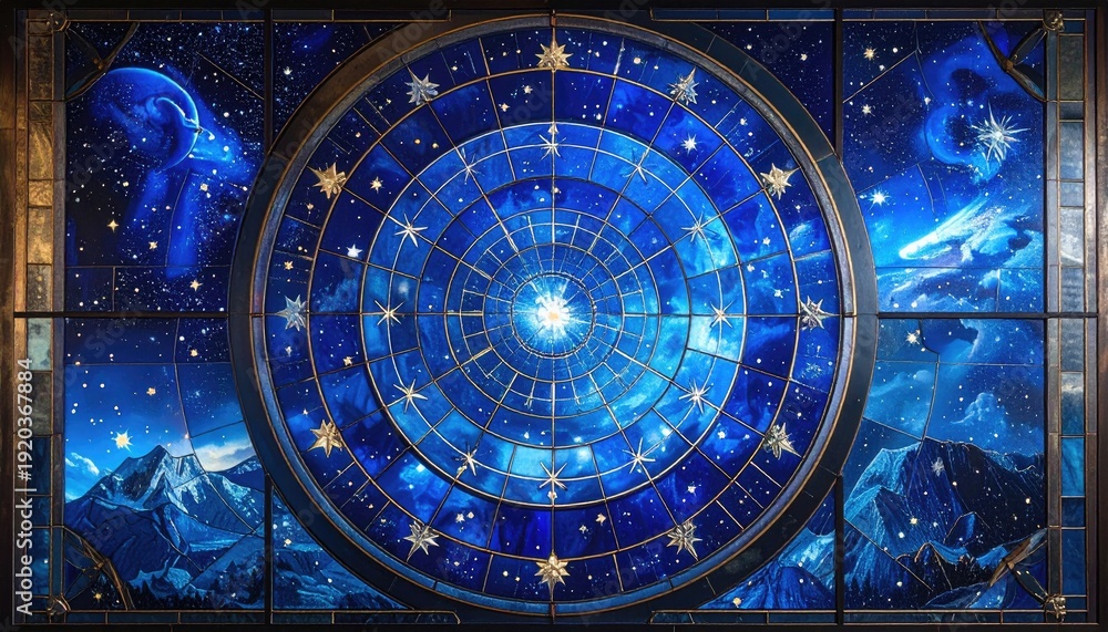 Obraz premium Ornate celestial stained glass window featuring zodiac constellations and a vibrant starry nebula background.
