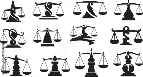 Set of justice scale icons in various creative designs