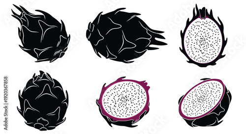 Illustrations of dragon fruit in various stages of presentation