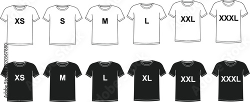 T‑shirt sizes illustration, clothing apparel design, fashion inventory concept art, garment comparison graphic, textile representation, retail product element set