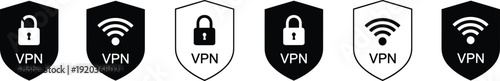 VPN shield icons illustration, virtual private network security design, data protection concept art, secure connection graphic, privacy symbol representation, internet safety element