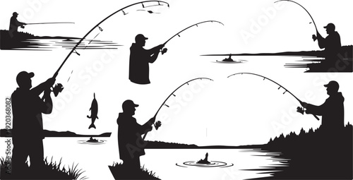 Silhouette of men fishing at serene lake scenery outdoors