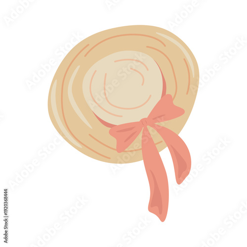 Flat vector illustration of a straw hat. Cute, beautiful summer headwear with a pink bow.