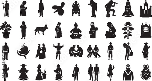 Collection of black silhouette icons on white background