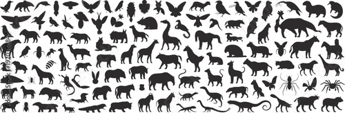 Large collection of animal silhouettes including birds, mammals, insects, and reptiles, wildlife fauna mega set on white background, cad drawing flat vector illustration,