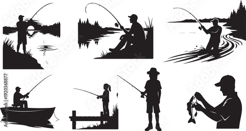 Silhouette of a man fishing in various scenic outdoors