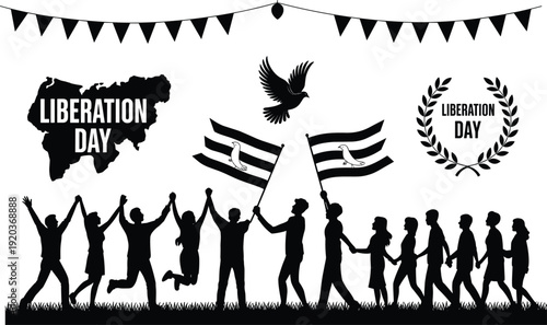 Liberation Day celebration silhouette with united crowd waving flags, dove symbol, laurel wreath and map graphic, freedom concept illustration for national holiday event design