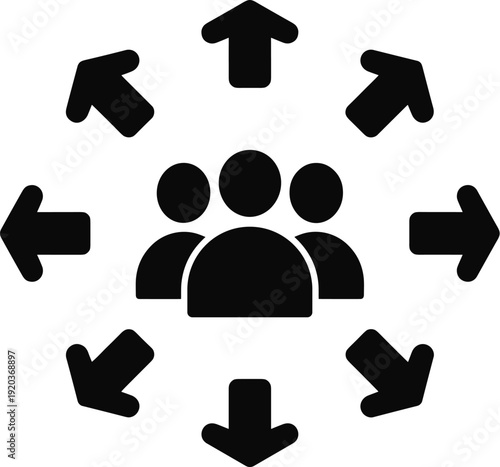 Group of people user icons with directional arrows pointing outward, social networking and team expansion concept, cad drawing flat vector illustration,