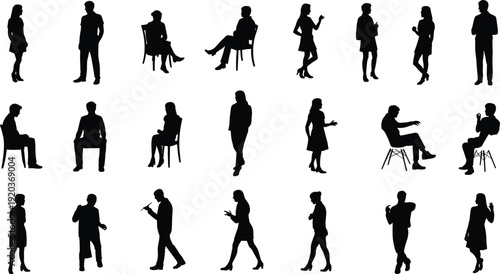 Assorted people silhouettes in various standing and sitting poses, male and female figures for architectural scales, cad drawing flat vector illustration, isolated,