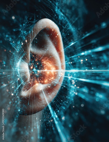 Human ear, digital, abstract, radiating light