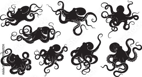 Collection of black octopus silhouettes on white background illustration