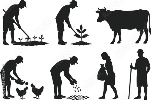 Agriculture farming silhouettes, rural farmer activities, planting harvesting feeding livestock, traditional countryside work, organic food production