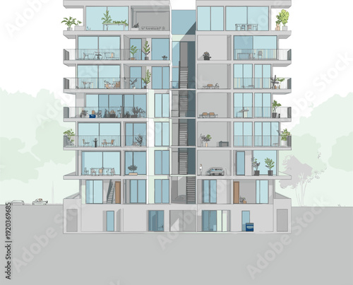 Modern residential apartment building cross section with interior layout balconies furniture and staircases showcasing contemporary urban living architecture and multi story housing design