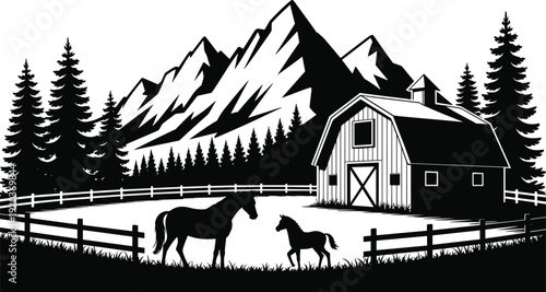 Mountain farm landscape with barn and horses silhouette, rustic countryside ranch scene, pine forest and wooden fence, black and white vector illustration