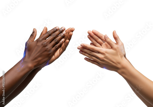 macro close-up of four multiracial hands (dark brown and olive tones) clapping firmly with vibrant electric blue motion lines on a seamless transparent background. Unity and high-energy celebration