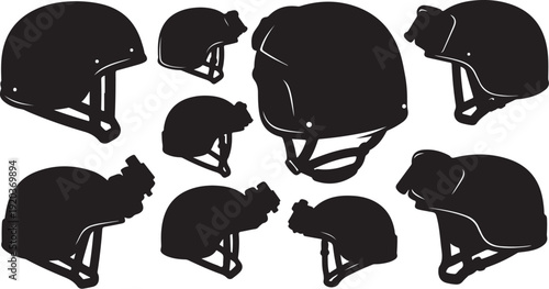 Collection of black motorcycle helmets in various sizes shown