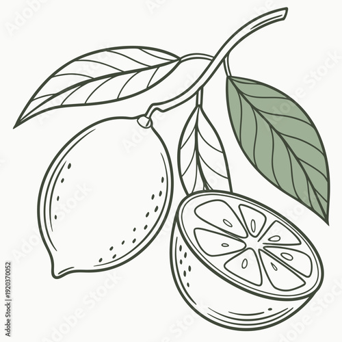 Hand-drawn Lime Branch with Leaves and Cut Slice