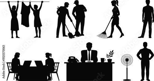 Black silhouette collection of household chores office workers and daily life activities isolated on white background set