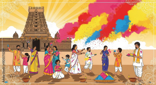 People celebrating holi festival with colorful smoke and traditional indian clothing