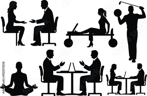 Business meeting silhouettes, office teamwork, fitness training, yoga meditation, professional collaboration,