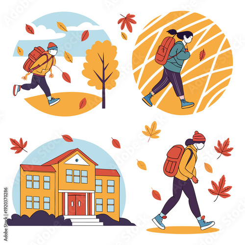 Students Returning to School in Autumn with Masks