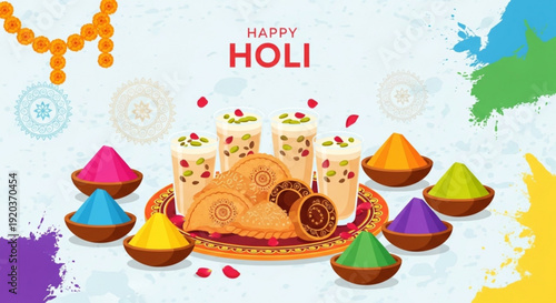 Vibrant holi celebration with colorful powders sweets and drinks on a decorative plate festive background