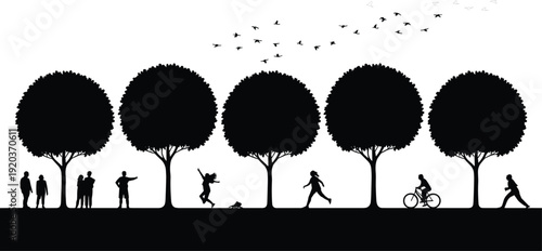 People silhouettes in park with trees, running, cycling and walking scene, outdoor lifestyle activity illustration, urban nature landscape design with birds flying
