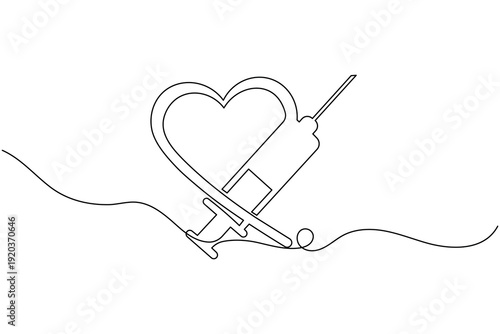 Heart with Syringe Continuous One Line Drawing Minimalist Healthcare Love Medical Care Vaccination Icon Illustration