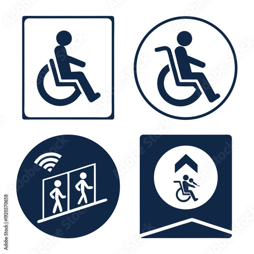 Accessibility Symbols: Wheelchair User, Elevator, and Ramp Signs