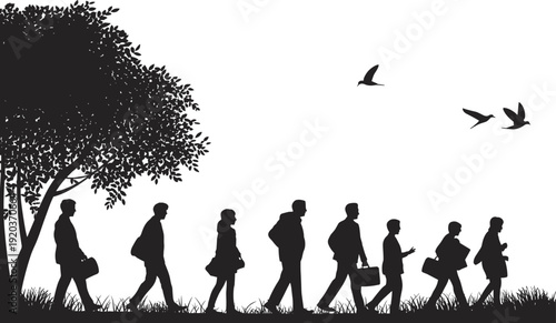 Business people walking in line silhouette, professionals carrying briefcases under tree with birds isolated on white background vector illustration
