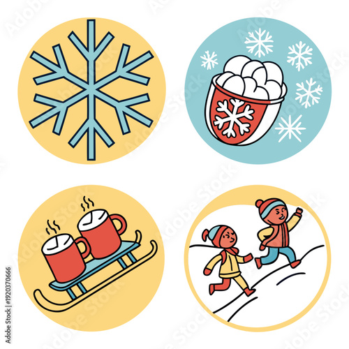 Fun Winter Icons: Snowflakes, Snowballs, Cocoa on Sled, Kids Playing